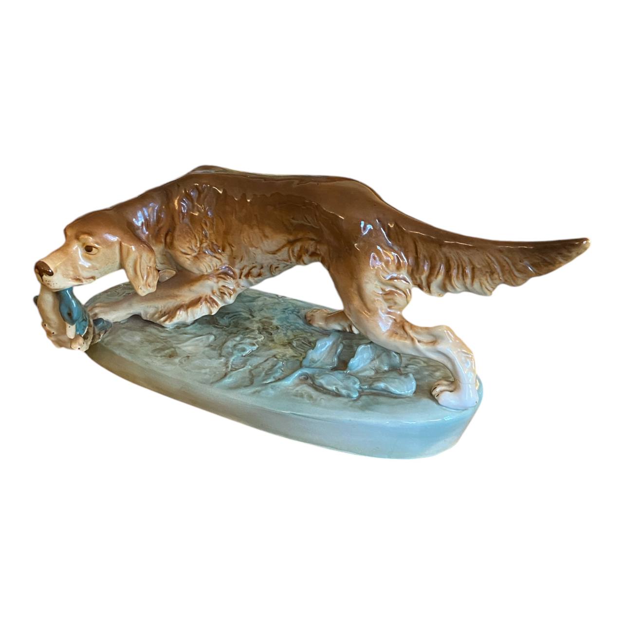 Large Royal Dux Dog Pheasant Hunting Porcelain Figurine