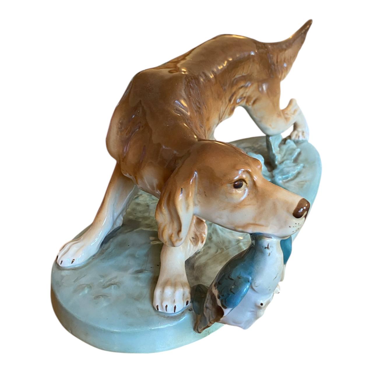 Large Royal Dux Dog Pheasant Hunting Porcelain Figurine