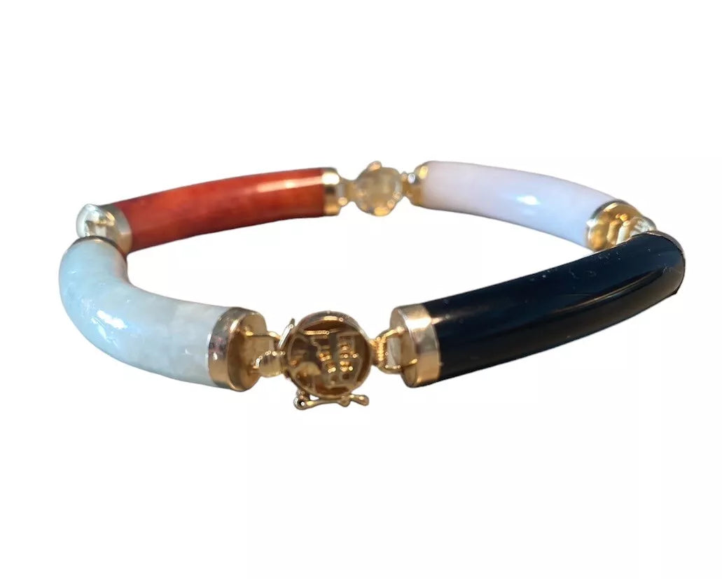14k Gold Jade Jadeite Links Bracelet Marked VVV Hong Kong