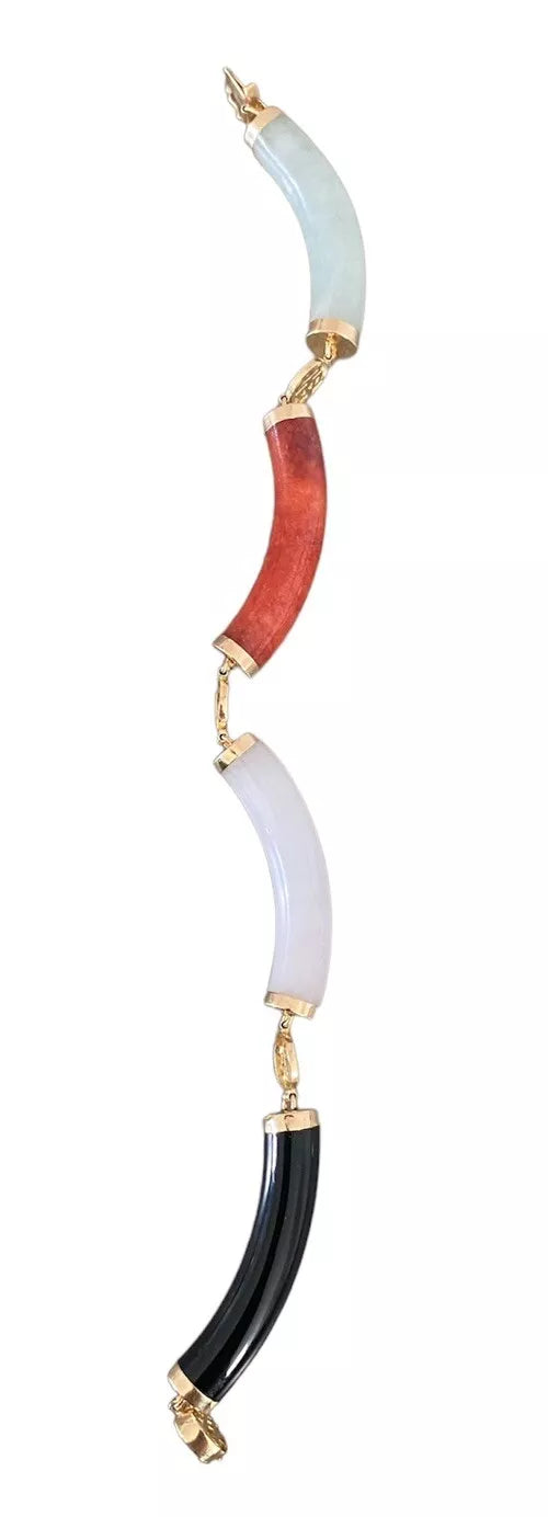 14k Gold Jade Jadeite Links Bracelet Marked VVV Hong Kong