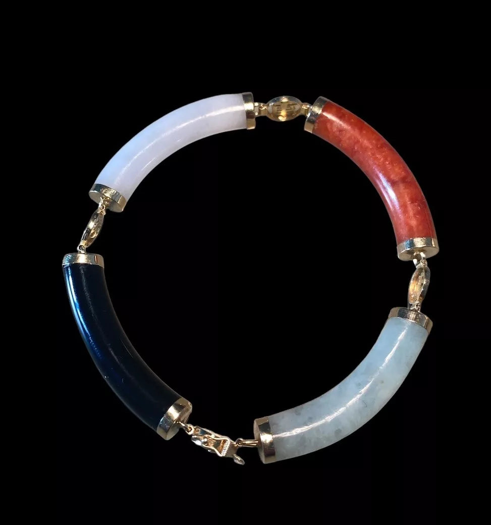 14k Gold Jade Jadeite Links Bracelet Marked VVV Hong Kong