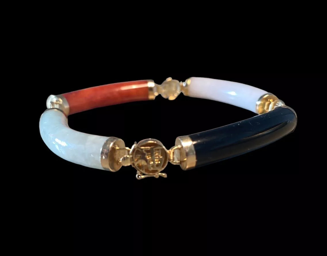 14k Gold Jade Jadeite Links Bracelet Marked VVV Hong Kong