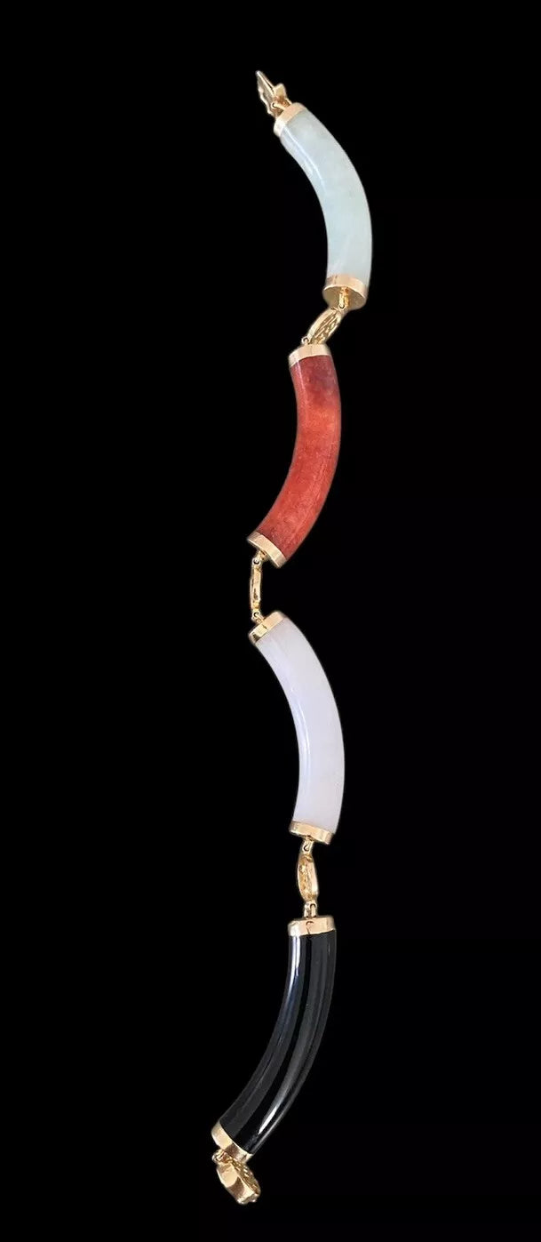 14k Gold Jade Jadeite Links Bracelet Marked VVV Hong Kong