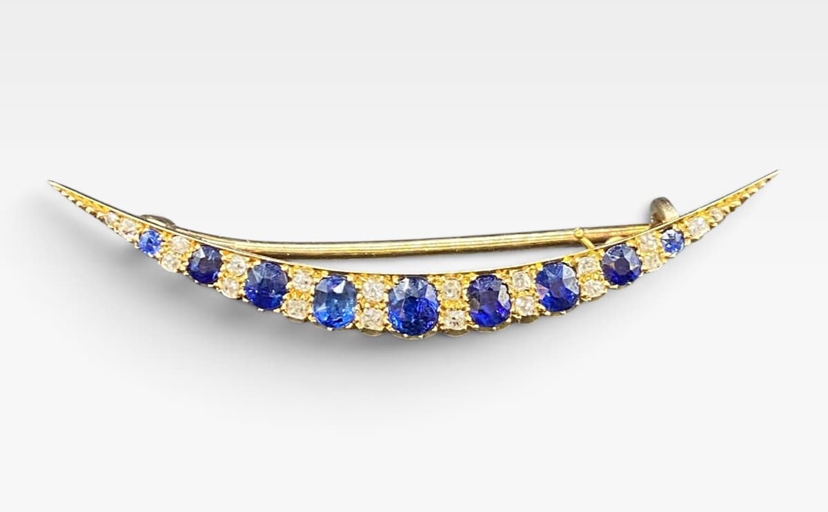 Antique 9ct Gold Sapphire & Diamond Crescent Brooch Fine Jewellery