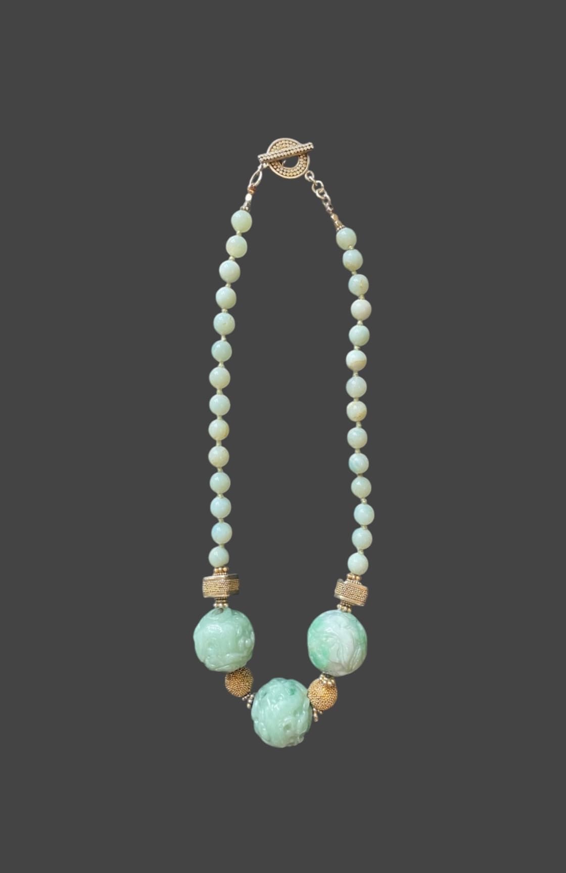 Antique c1920s Carved Nephrite Jade Necklace Gilt Silver 45cm Art Deco