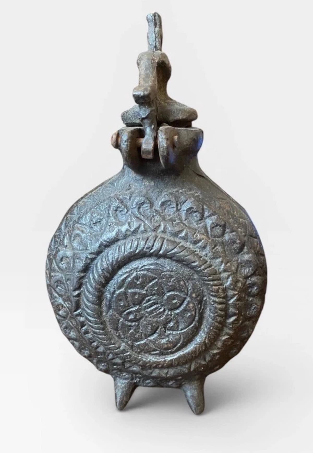 ANTIQUE 17TH CENTURY TURKISH OTTOMAN ISLAMIC GUN POWDER FLASK BRONZE FOOTED