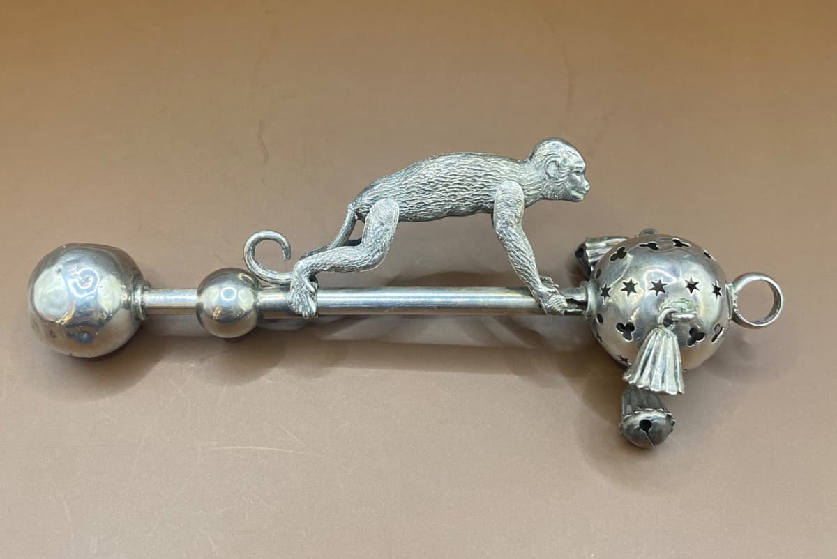 Rare Victorian 19th Century Silver Mechanical Monkey Baby Rattle with Bells