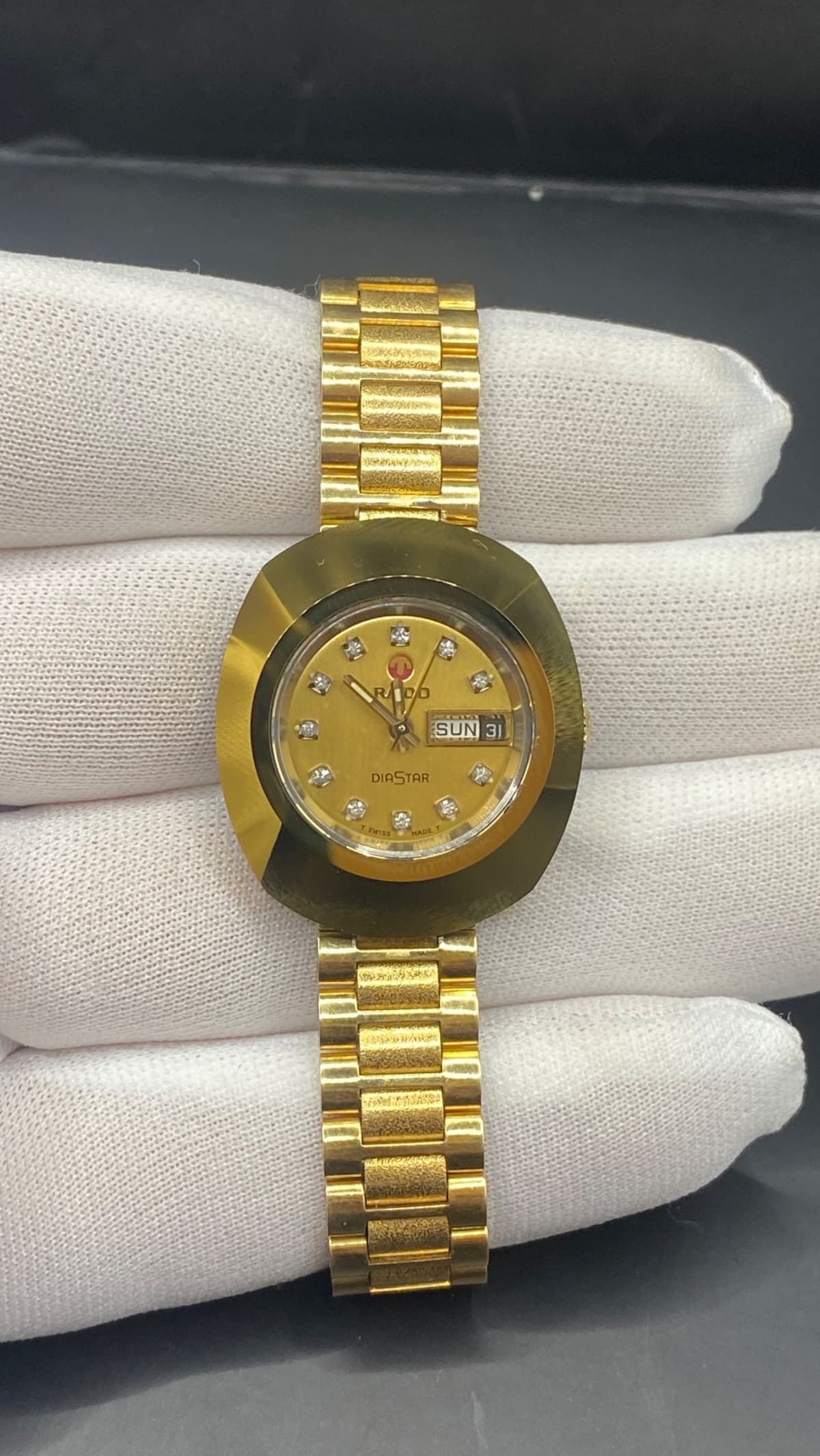 Rado DiaStar Ladies Automatic Day Date Gold Tone Stone Set Dial Swiss Vintage