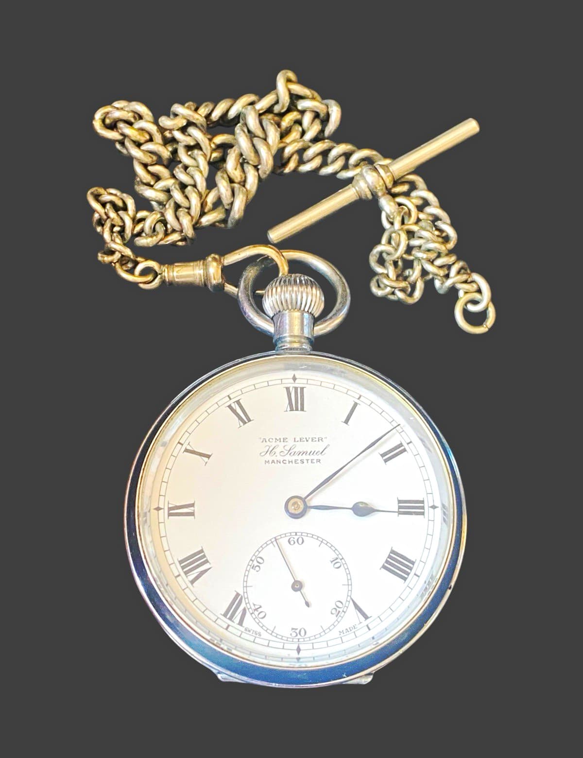 Vintage H Samuel Acme Lever Pocket Watch 7 Jewels Swiss Made With Chain