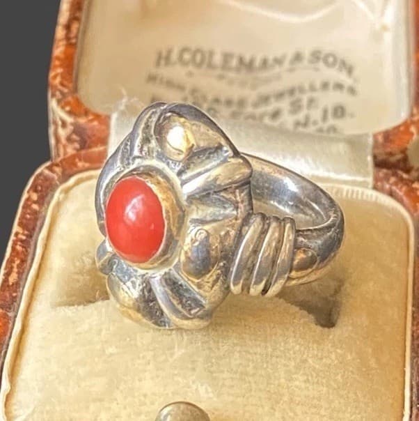 Rare Signed Charles Rivaud French Art Nouveau Coral Silver Ring with Gold Appliqué