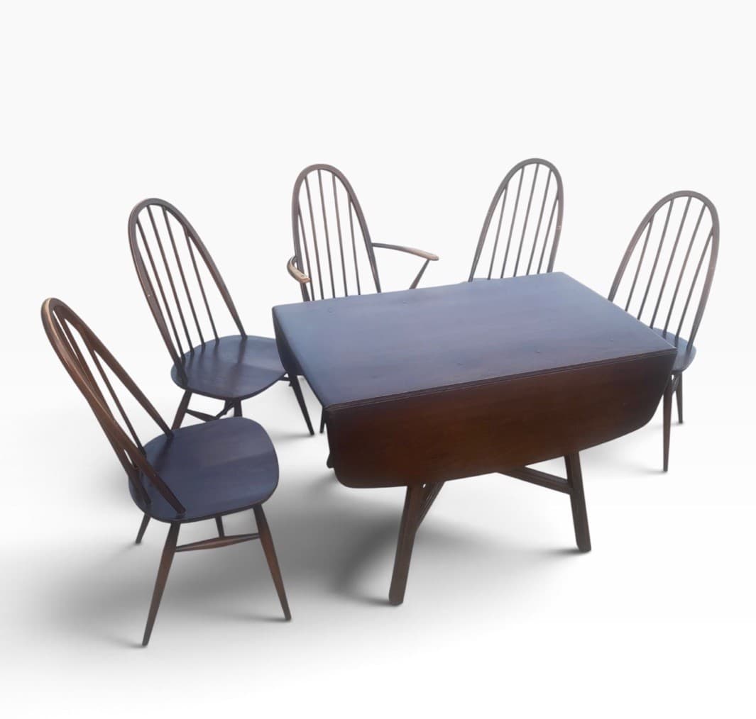 Ercol Old Colonial Drop Leaf Dining Table & 5 Quaker Chairs Elm Beech Vintage