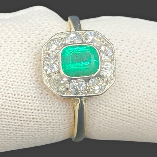 Antique Edwardian Emerald Old Cut Diamond Cluster Ring 15ct Gold Size I Boxed