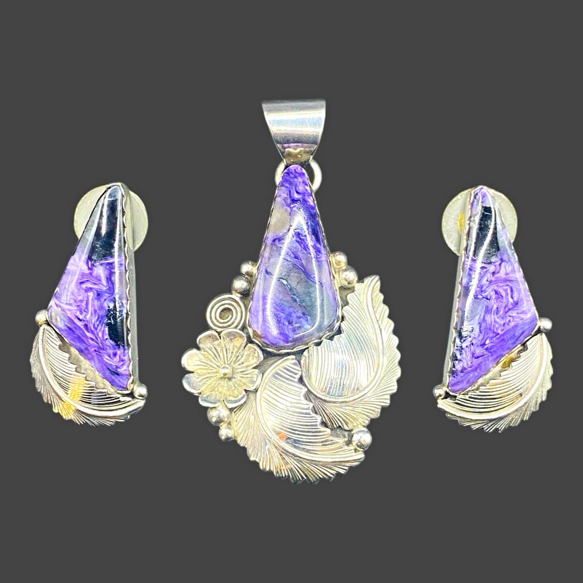 Navajo Style Sterling Silver Charoite Pendant & Earrings Set Signed Morningstar