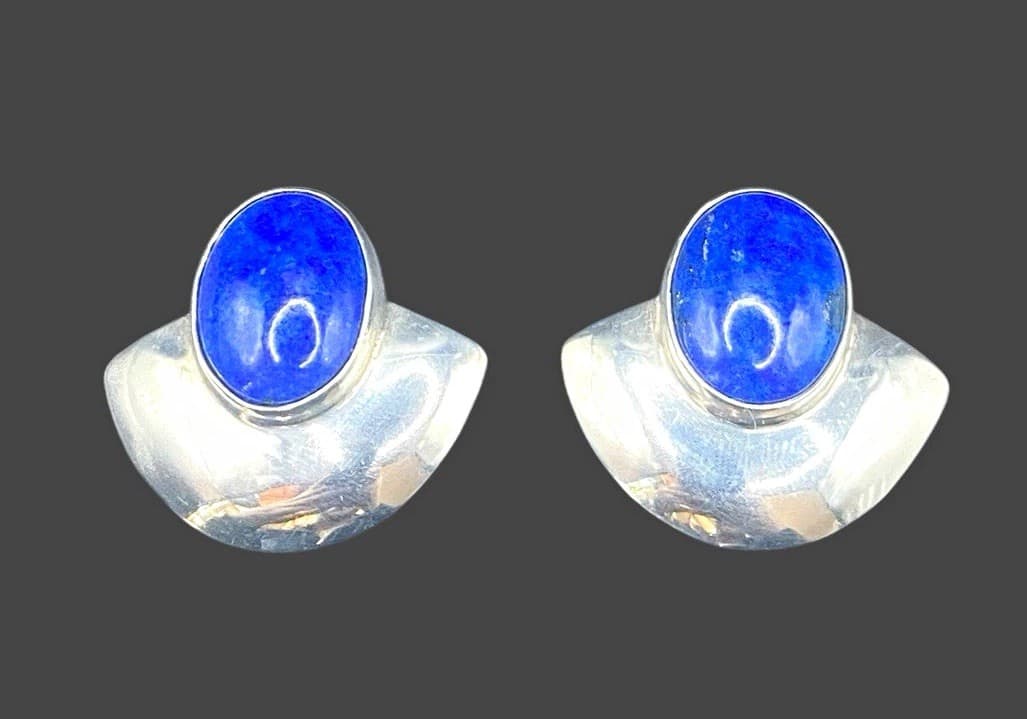 Large Vintage Sterling Silver 925 Lapis Lazuli Clip On Earrings Modernist 3.5cm