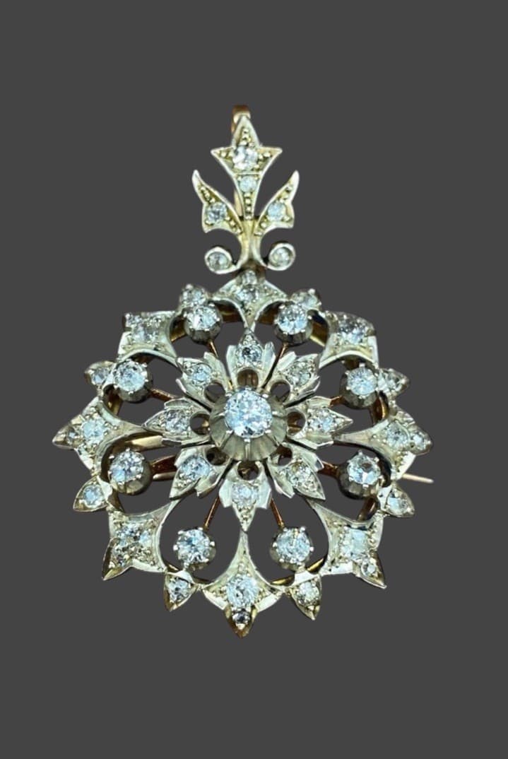 Antique Victorian Old Cut Diamond Brooch Pendant Silver Gold c1890 Convertible