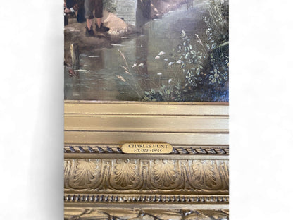 Victorian Oil Painting by Charles Hunt – Boys Fishing Country Scene c.1890