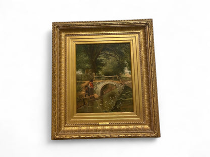 Victorian Oil Painting by Charles Hunt – Boys Fishing Country Scene c.1890