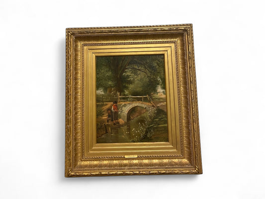 Victorian Oil Painting by Charles Hunt – Boys Fishing Country Scene c.1890