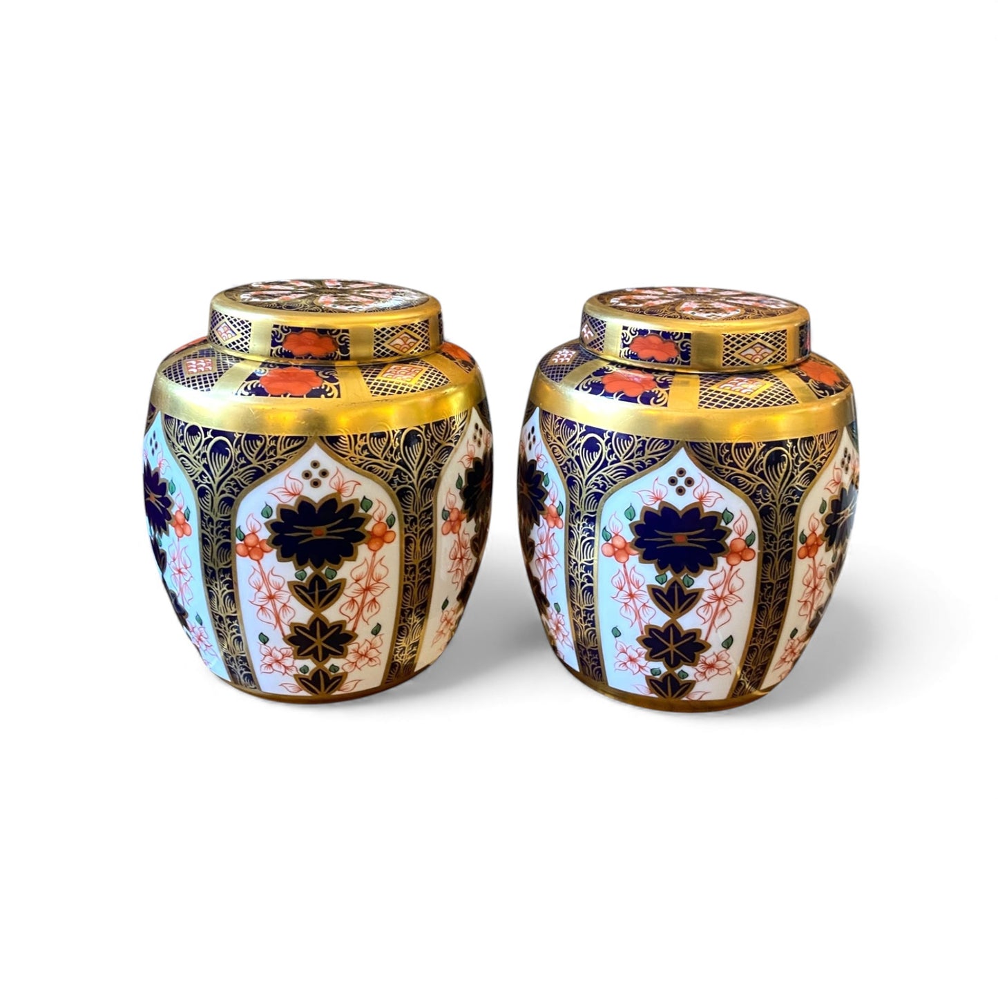 Pair Royal Crown Derby Imari 1128 Gold Border Ginger Jars 1st Quality H 18cm