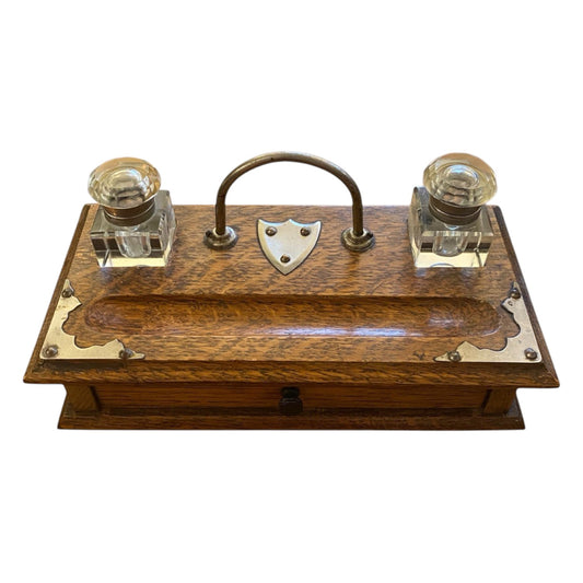 Victorian Oak Double Inkwell with Drawer Wood