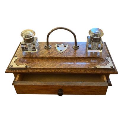Victorian Oak Double Inkwell with Drawer Wood