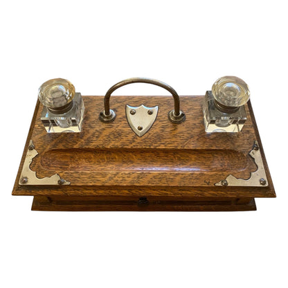 Victorian Oak Double Inkwell with Drawer Wood