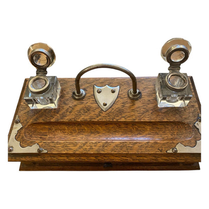 Victorian Oak Double Inkwell with Drawer Wood