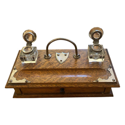 Victorian Oak Double Inkwell with Drawer Wood