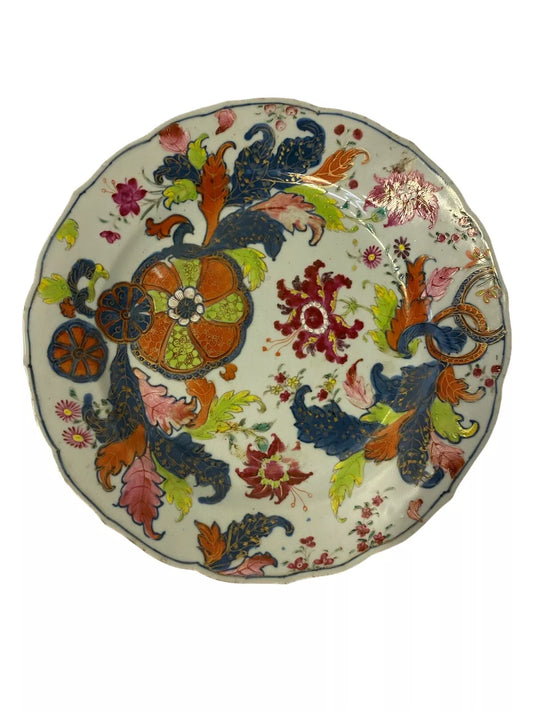 Antique Chinese Export Pseudo Tobacco Leaf Plate, 1700s Qianlong, Kintsugi.