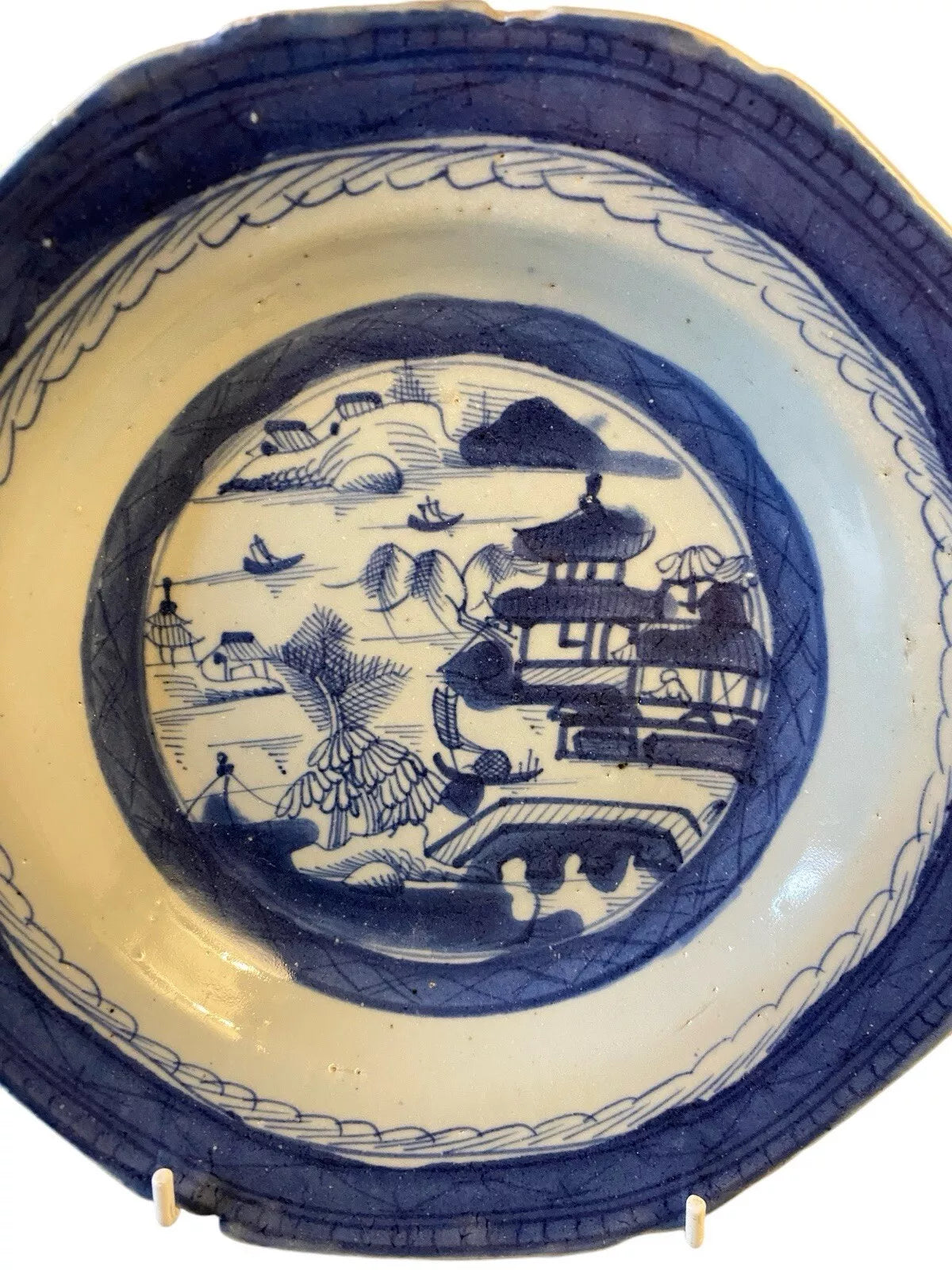 1800's Chinese Export Canton Blue & White Porcelain Soup Bowl 9"