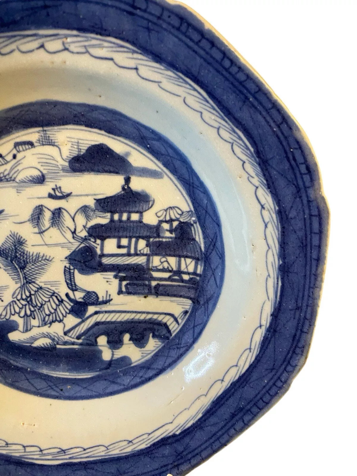 1800's Chinese Export Canton Blue & White Porcelain Soup Bowl 9"