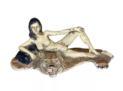 NUDE ON TIGER RUG, F. BERGMAN BRONZE FIGURINE, SIGNED