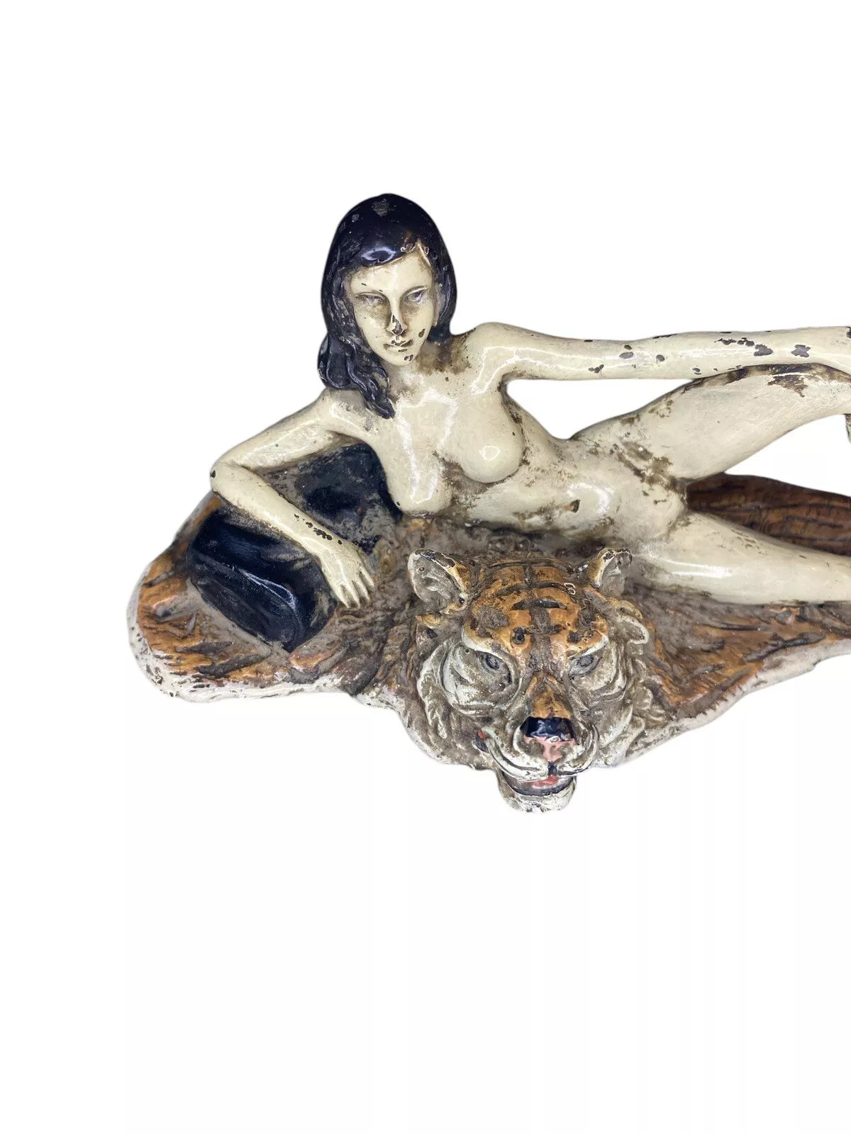 NUDE ON TIGER RUG, F. BERGMAN BRONZE FIGURINE, SIGNED